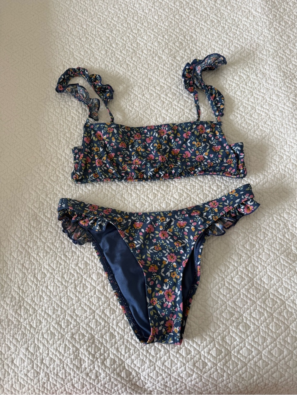 Billabong Navy Floral Ruffle Bikini Set with Pink and Yellow Accents